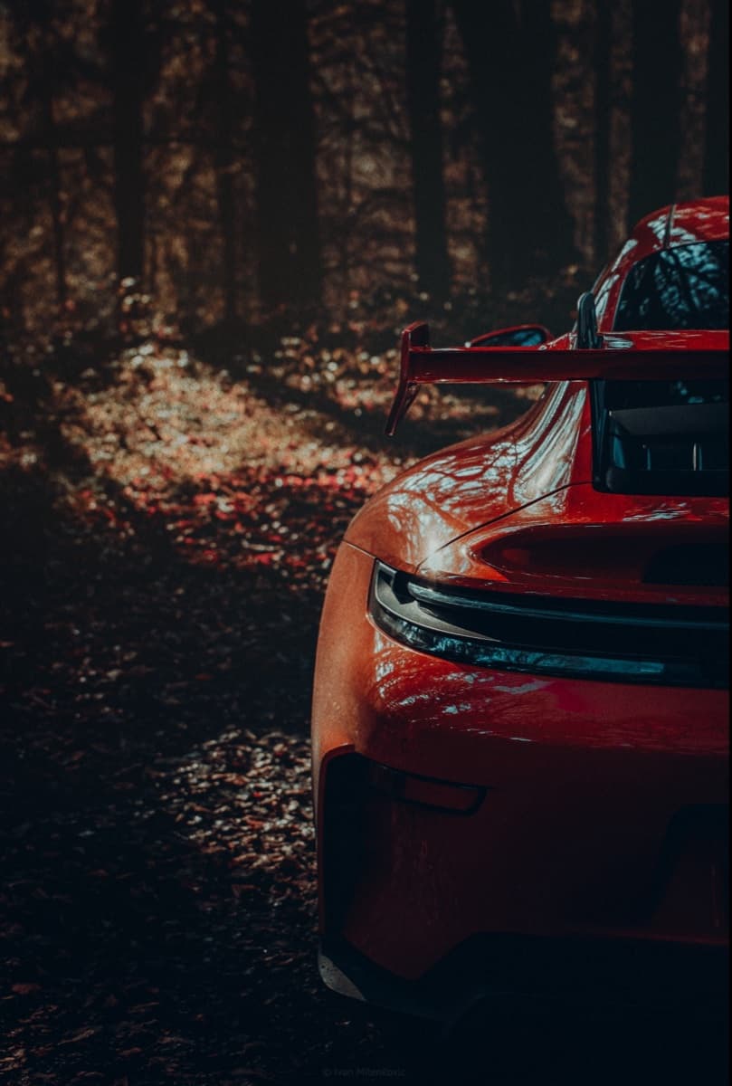 Heckflügel eines roten Porsche 911 GT3 in einem herbstlichen Wald.